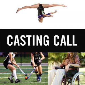female gymnast performing aerial, female field hockey players, woman in wheelchair