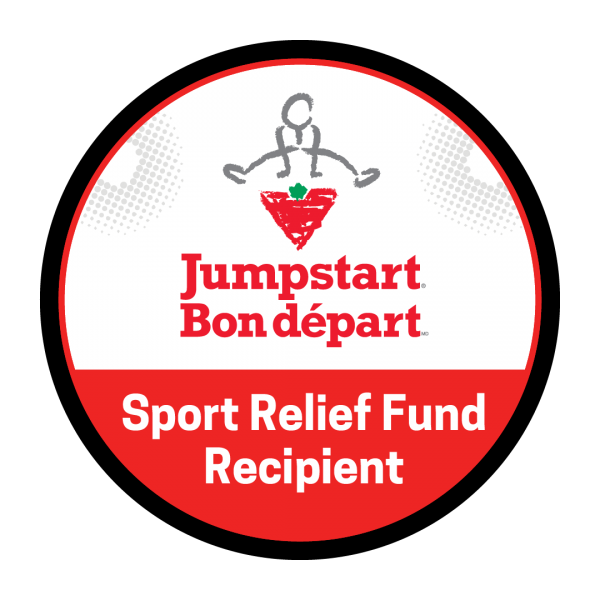 A circular white and red badge read 'Jumpstart Bon départ Sport Relief Fund Recipient' The Canadian Tire Jumpstart logo is featured